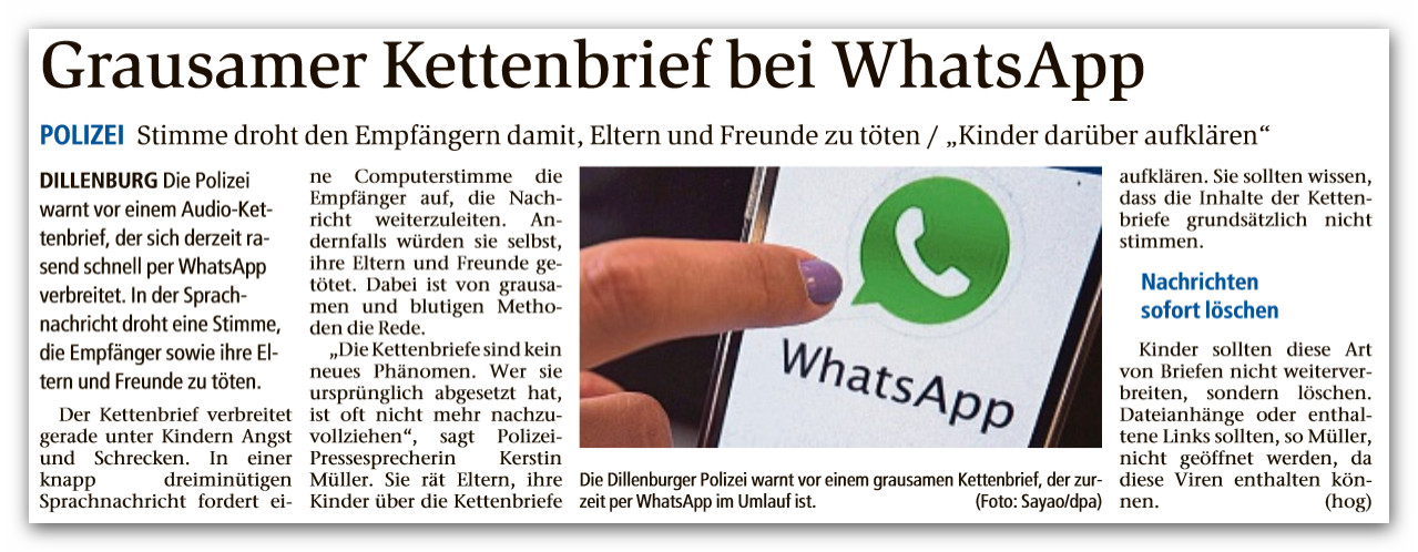 Grausamer Kettenbrief bei WhatsApp Dill Zeitung vom 27.09.2018
